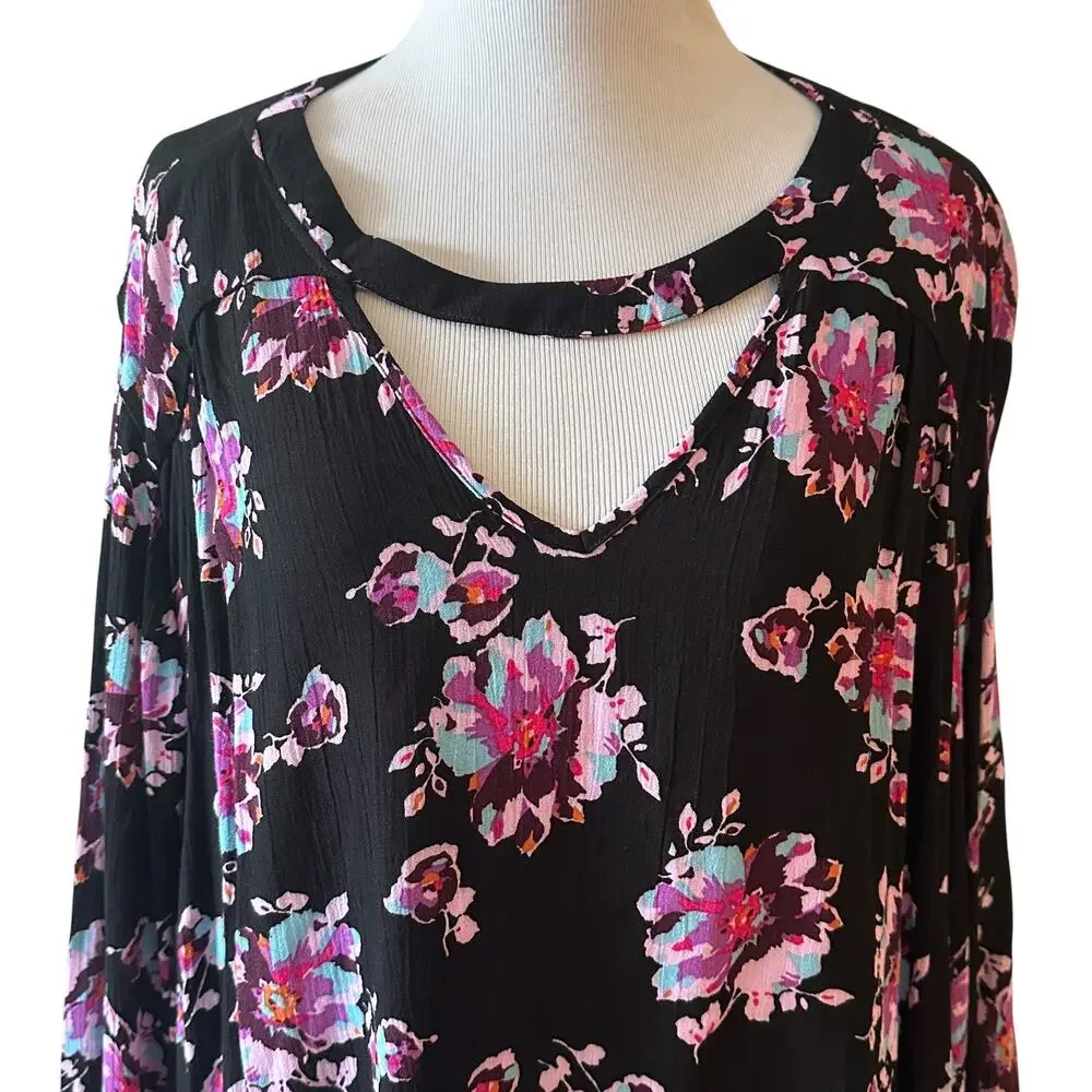 Lane Bryant NEW Floral Keyhole Tunic Womens Size 22 Petite Black Multicolor Top